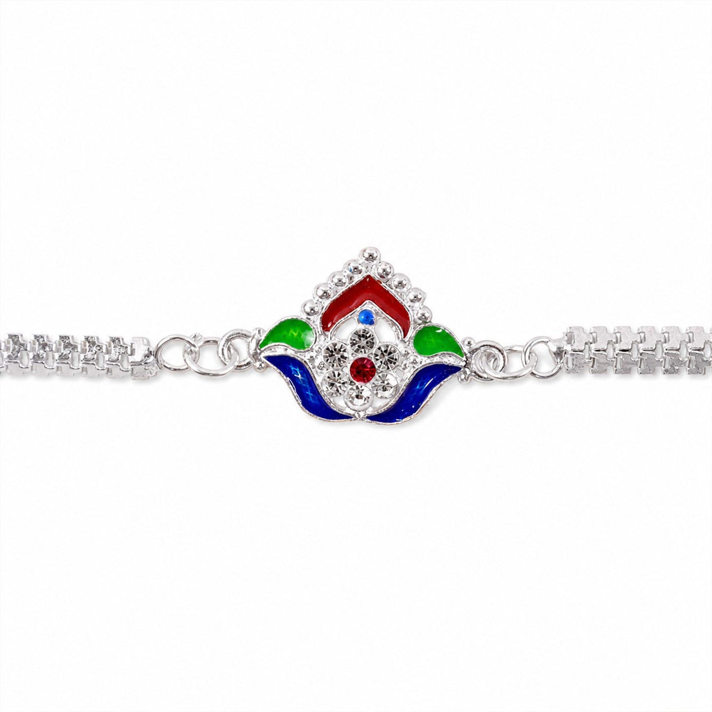 Lotus Meenakari Enamel Crystal Stone Silver Chain Designer Rakhi (10pcs)