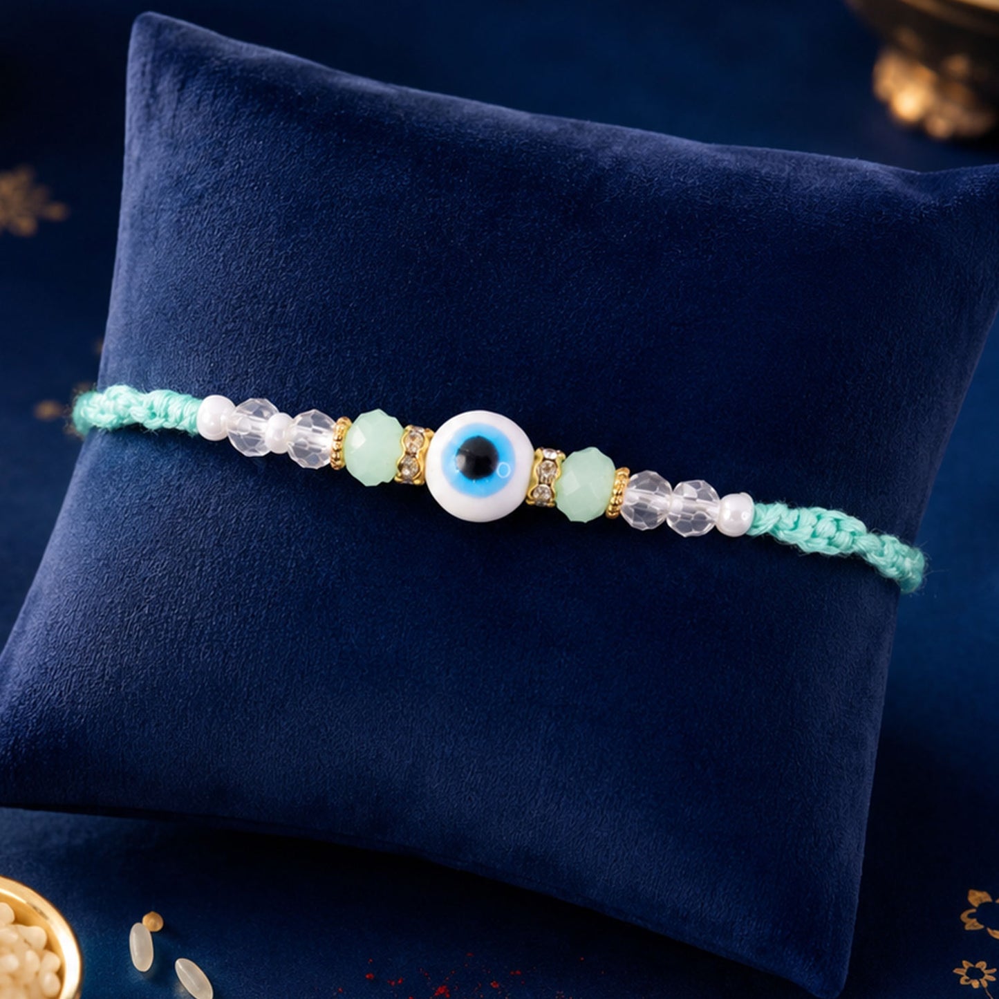 Blue Evil Eye Nazar Charm Rakhi with Turquoise Thread and Bracelet Style Beads