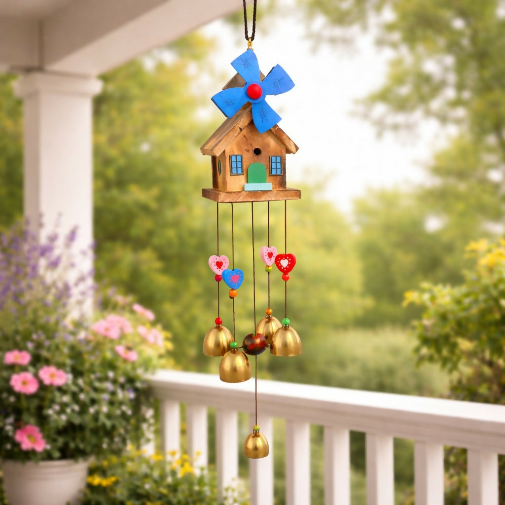 Wooden House Wind Chime with Hanging Bells for Balcony, Garden & Home Decor