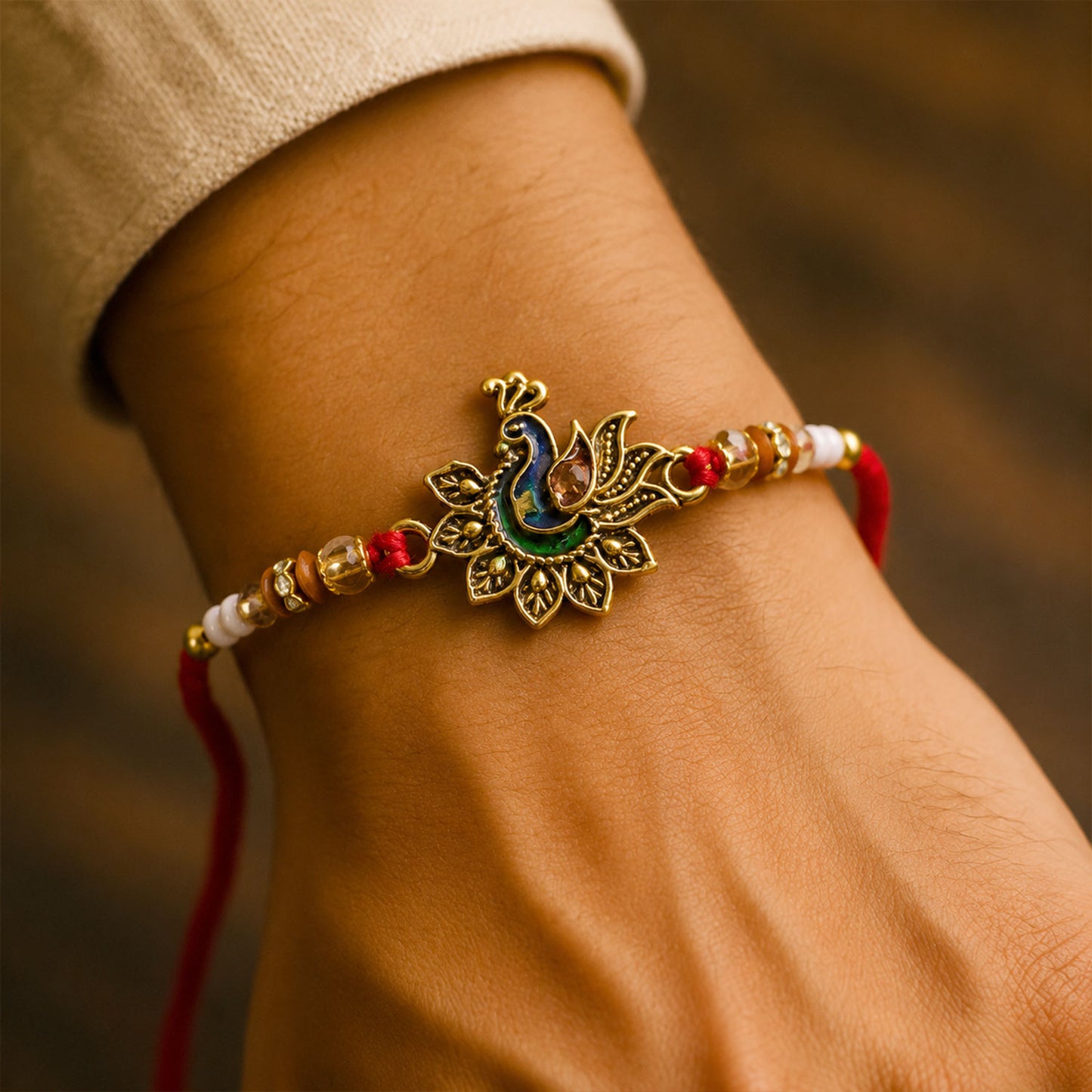 Peacock Floral Golden Rakhi with Blue Green Enamel, Pearl Beads and Red Thread