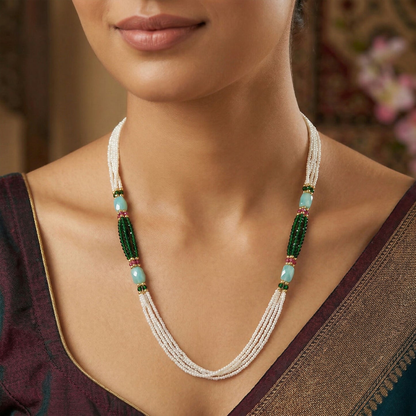 Handmade Layered Pearl Mala Necklace with Green Beads Aqua Accent Ethnic Style