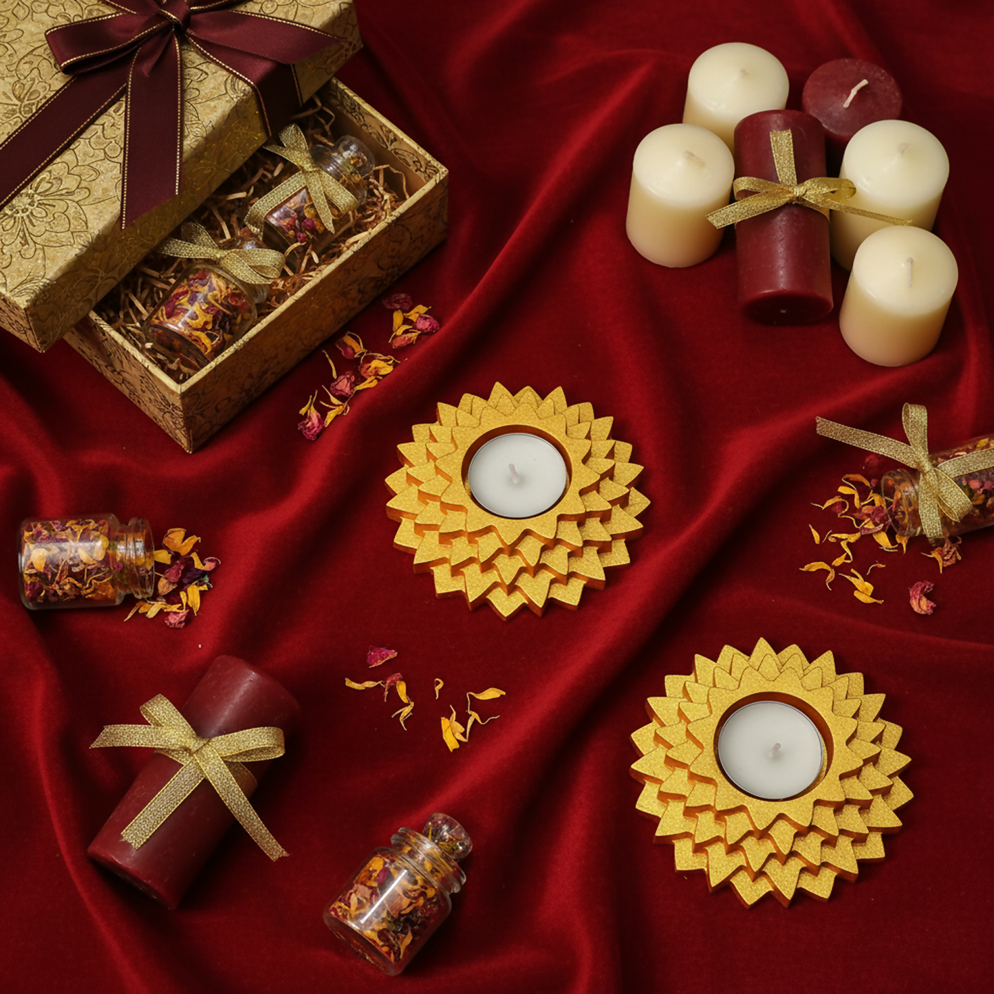 Flower 5-Step Decorative Diya Multi-Purpose Tealight Candle Holder, Dhoop Cone Stand, Pooja Diya & Mini Planter (Red, Rose Gold, Metallic Pink)