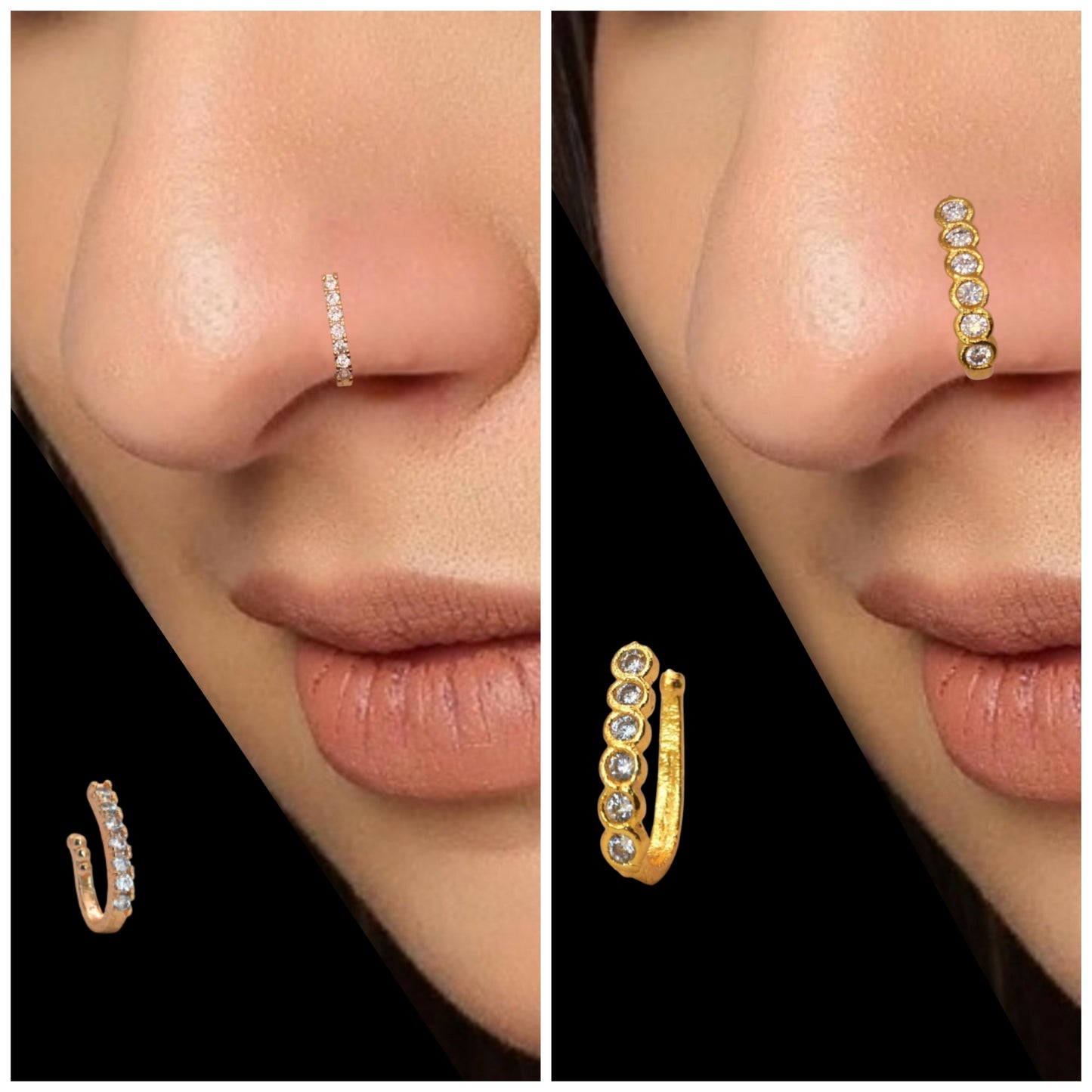 CZ Flower & Line Non-Piercing Nose Ring/Nath Combo Set Combo Pack of 4