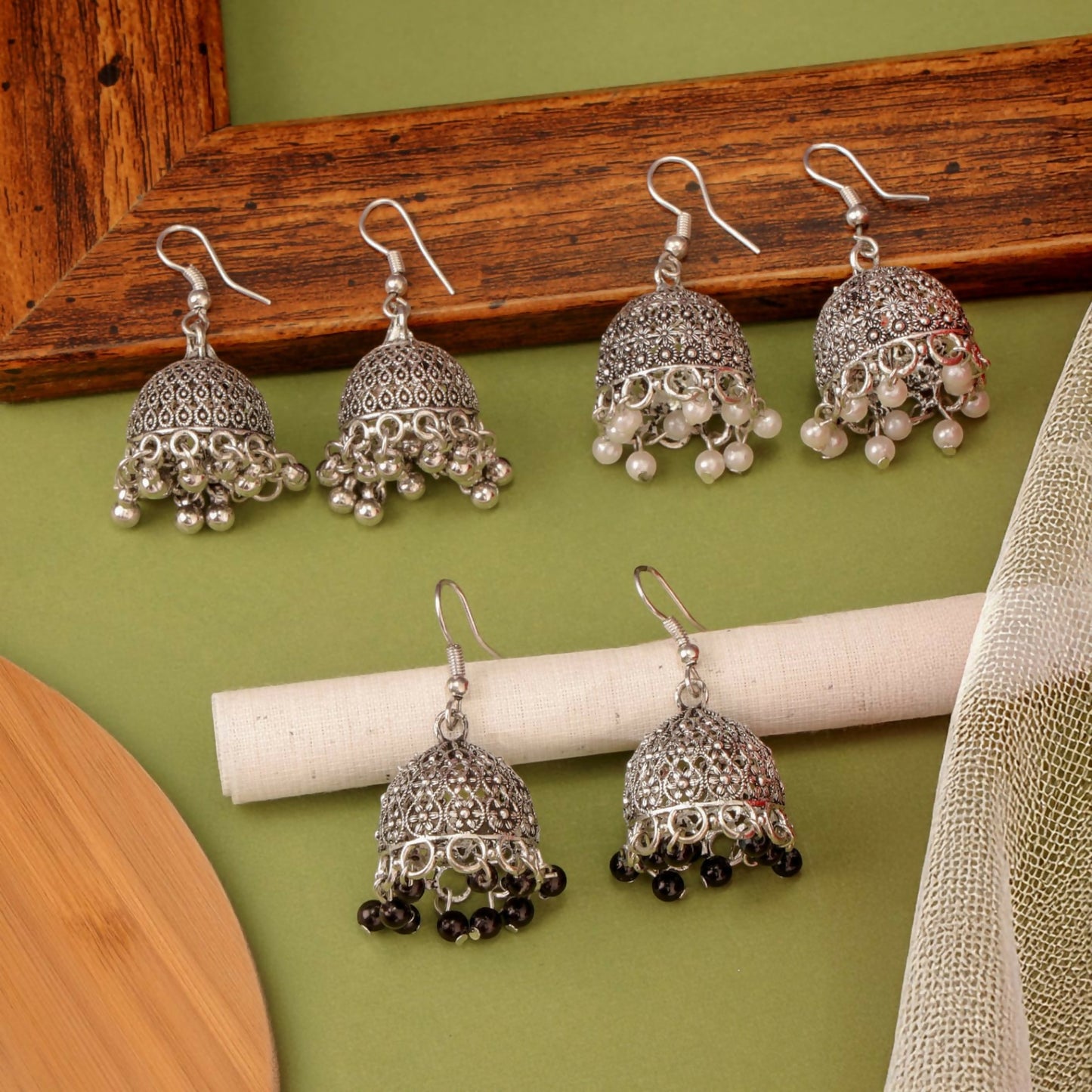 Classic Oxidised Silver Pearl & Beaded Jhumka Earrings Combo Set for Women & Girls (Set of 3)