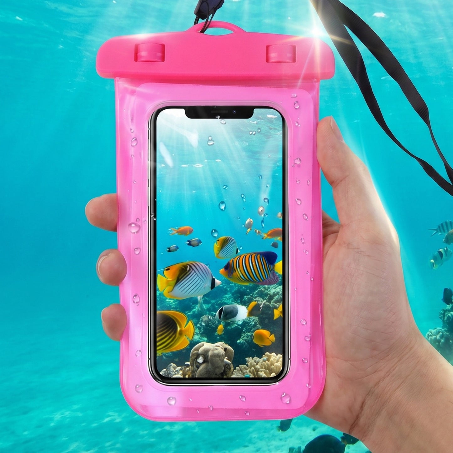 Angled shot of pink waterproof mobile pouch cover