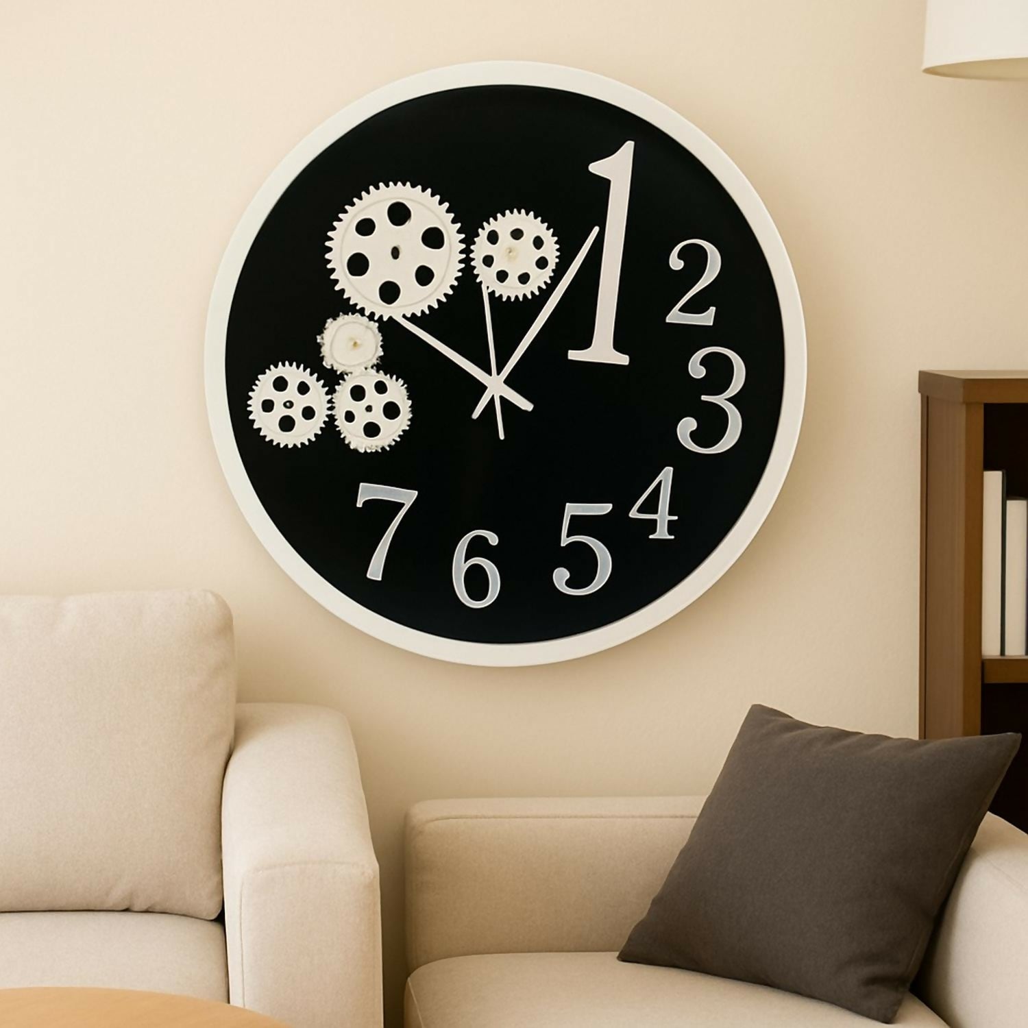 Modern Gear Design Wall Clock for Living Room, Bedroom & Office – Large Decorative Round Analog Clock with Unique Number Style & Black-White Contrast – Silent Quartz Movement, Home Wall Décor