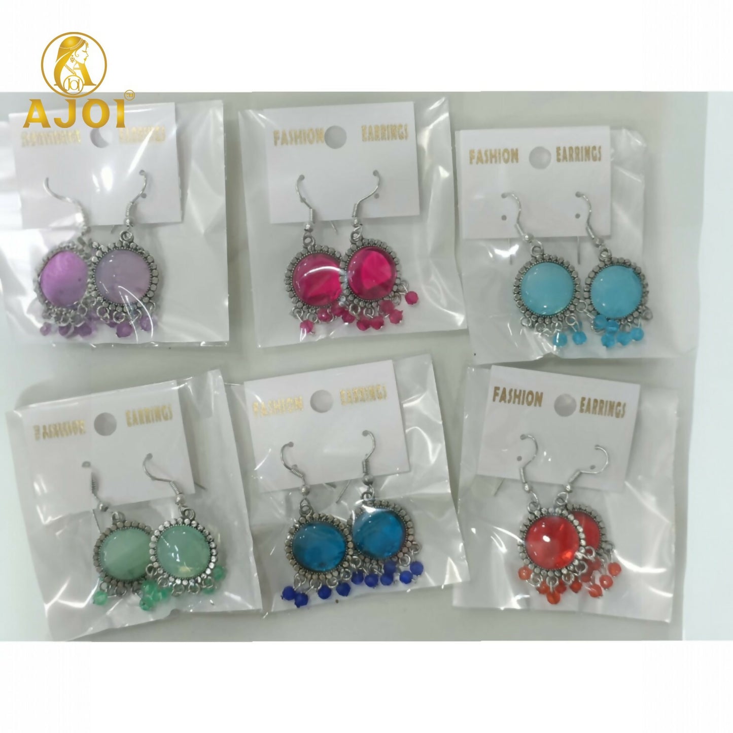 Oxidized Silver Multicolor Stone Drop Earrings with Beaded Fringe