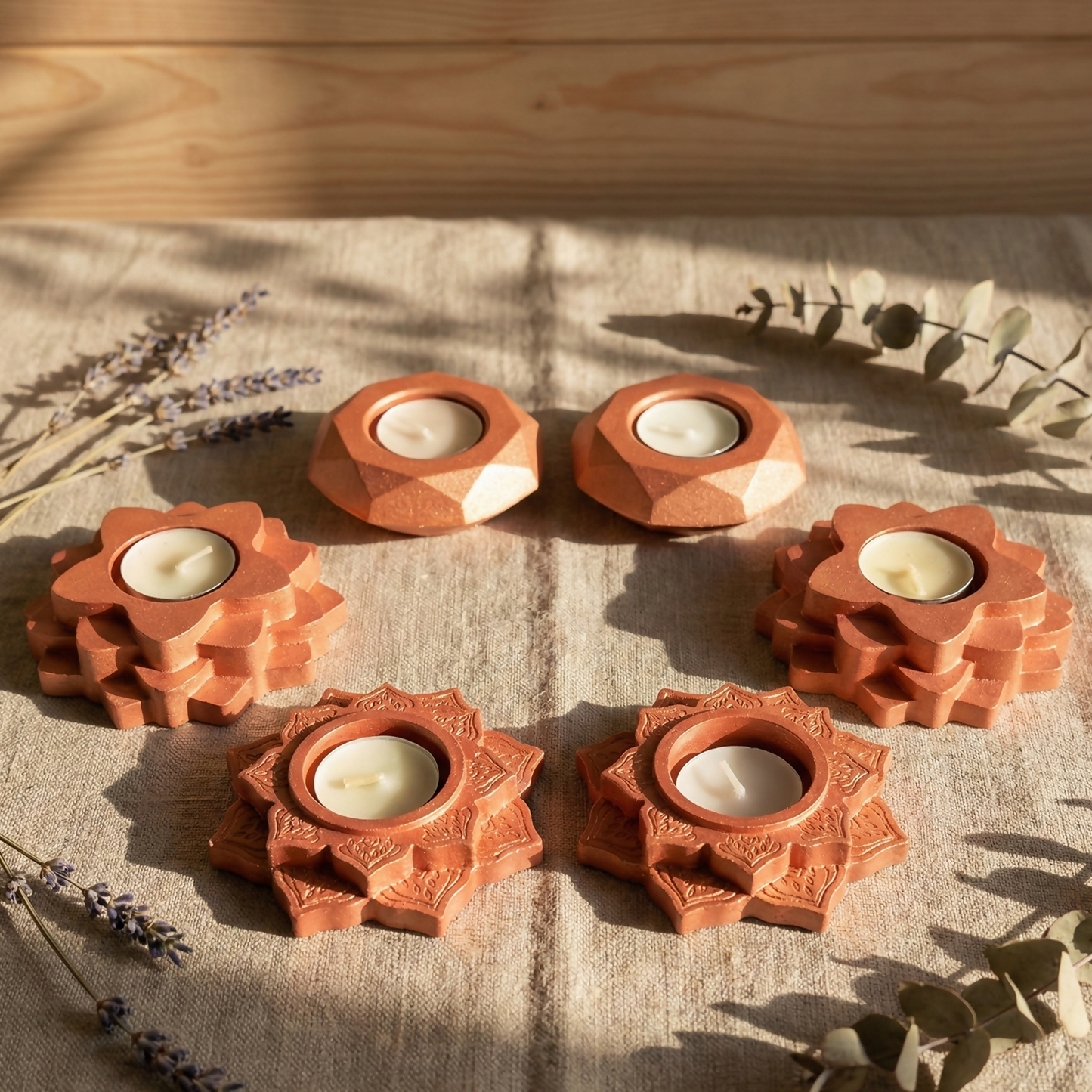 Lotus ,4-Step Diamond shaped combo gypsum articles – Multi-Purpose Diya, Dhoop Cone Stand & Mini Planter (Pack of 6 - Rose Gold, Metallic Pink)