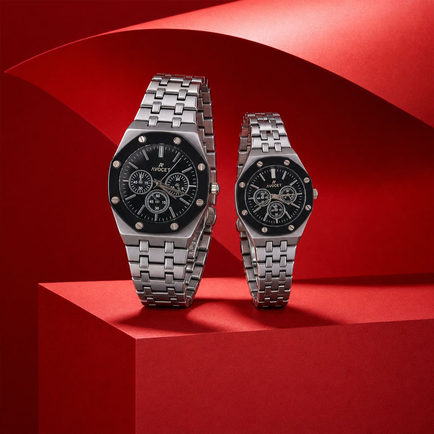 Silver Couple Watch Set with Black Dial Chronograph Style Metal Strap Design