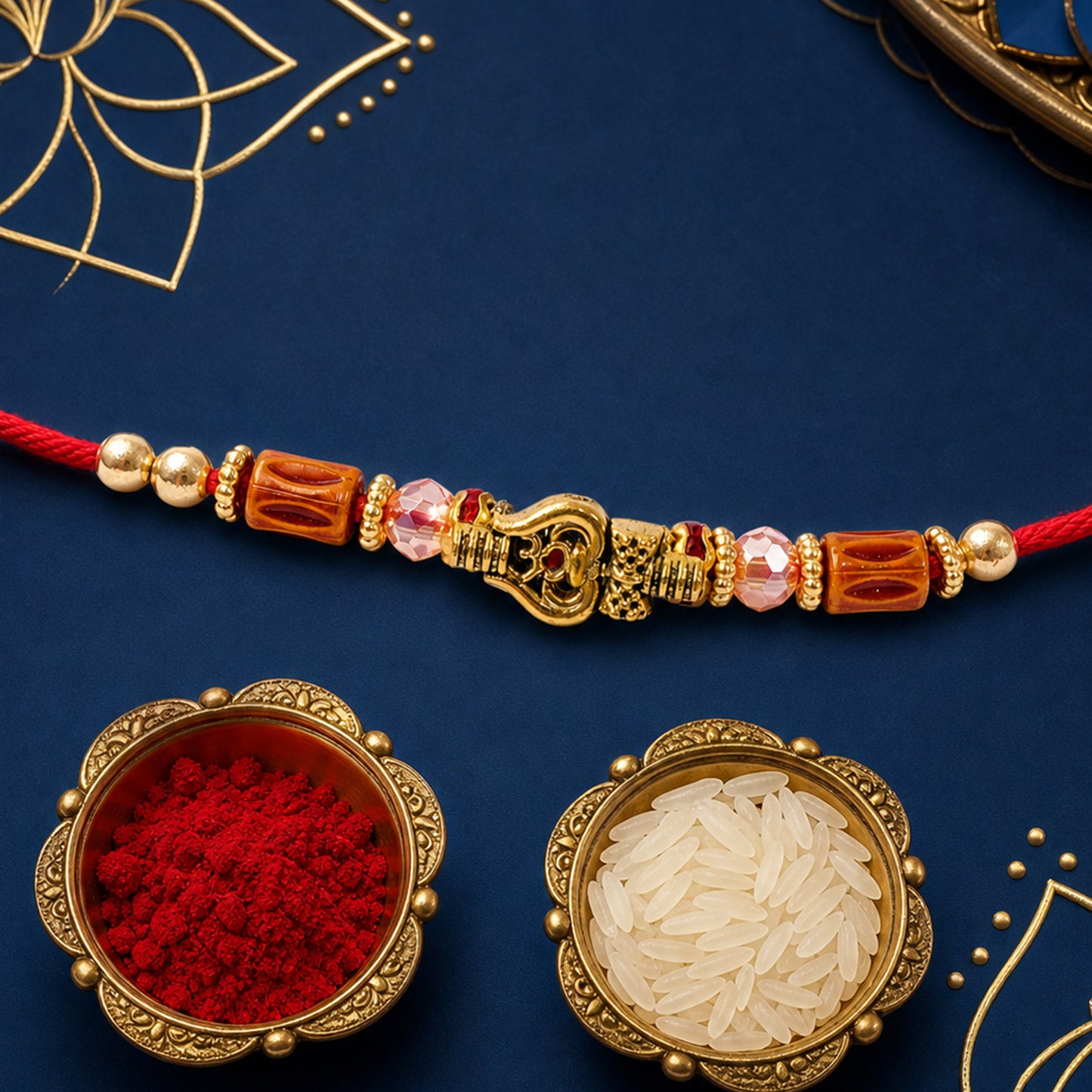 Red Thread Rakhi with Amber Beads and Antique Gold Lantern Charm