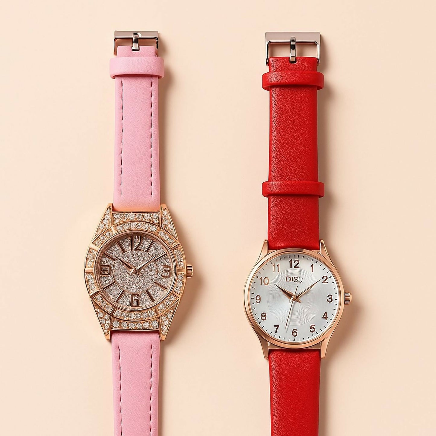 Stylish Leather Strap Analog Watch with Sparkling Heart Keychain – Elegant Gift Set for Women & Girls, Fashion Wrist Watch Combo with Charm Accessory in Gift Box