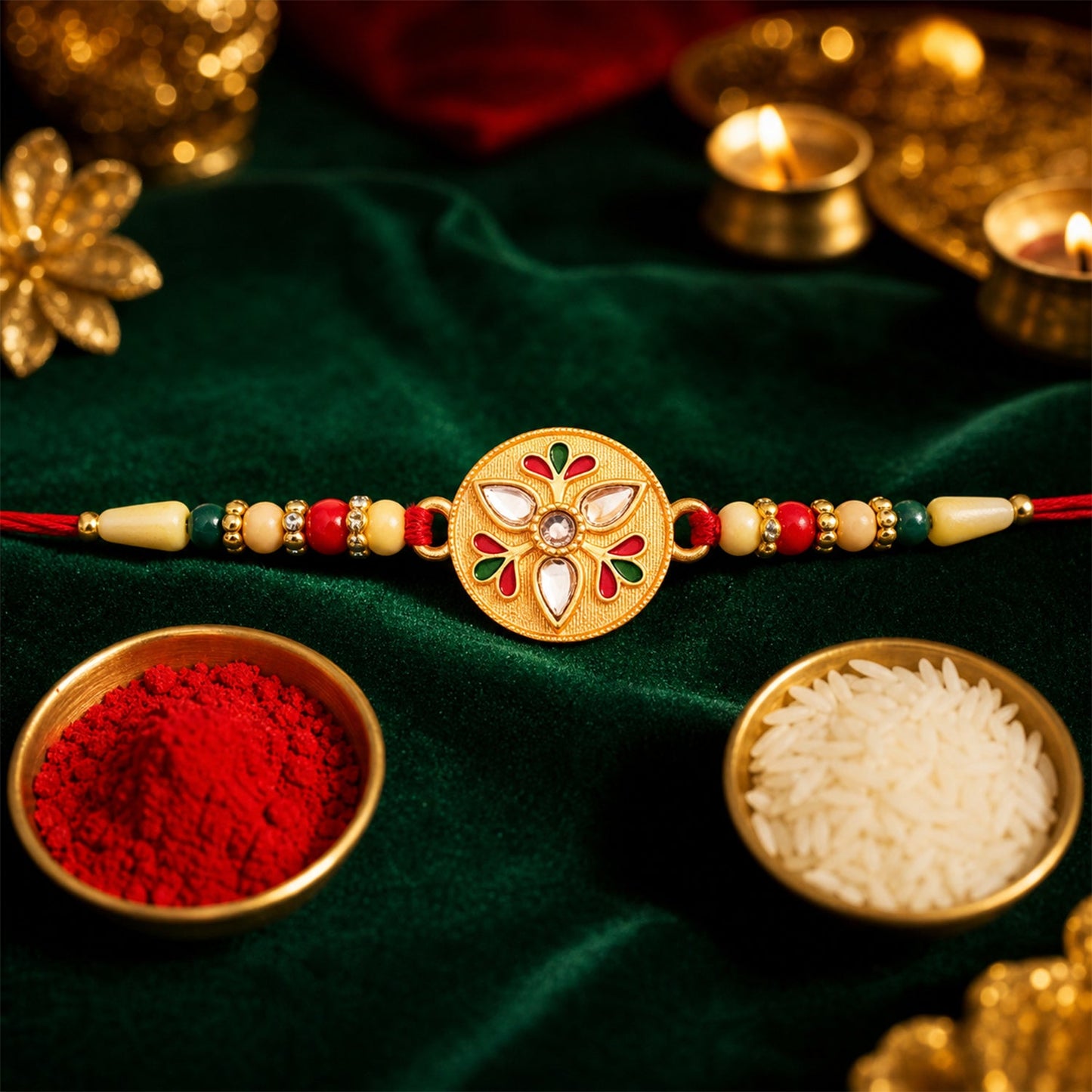 Kalash Rakhi Sacred Design with Embellished Beads & Red Thread (5pcs)