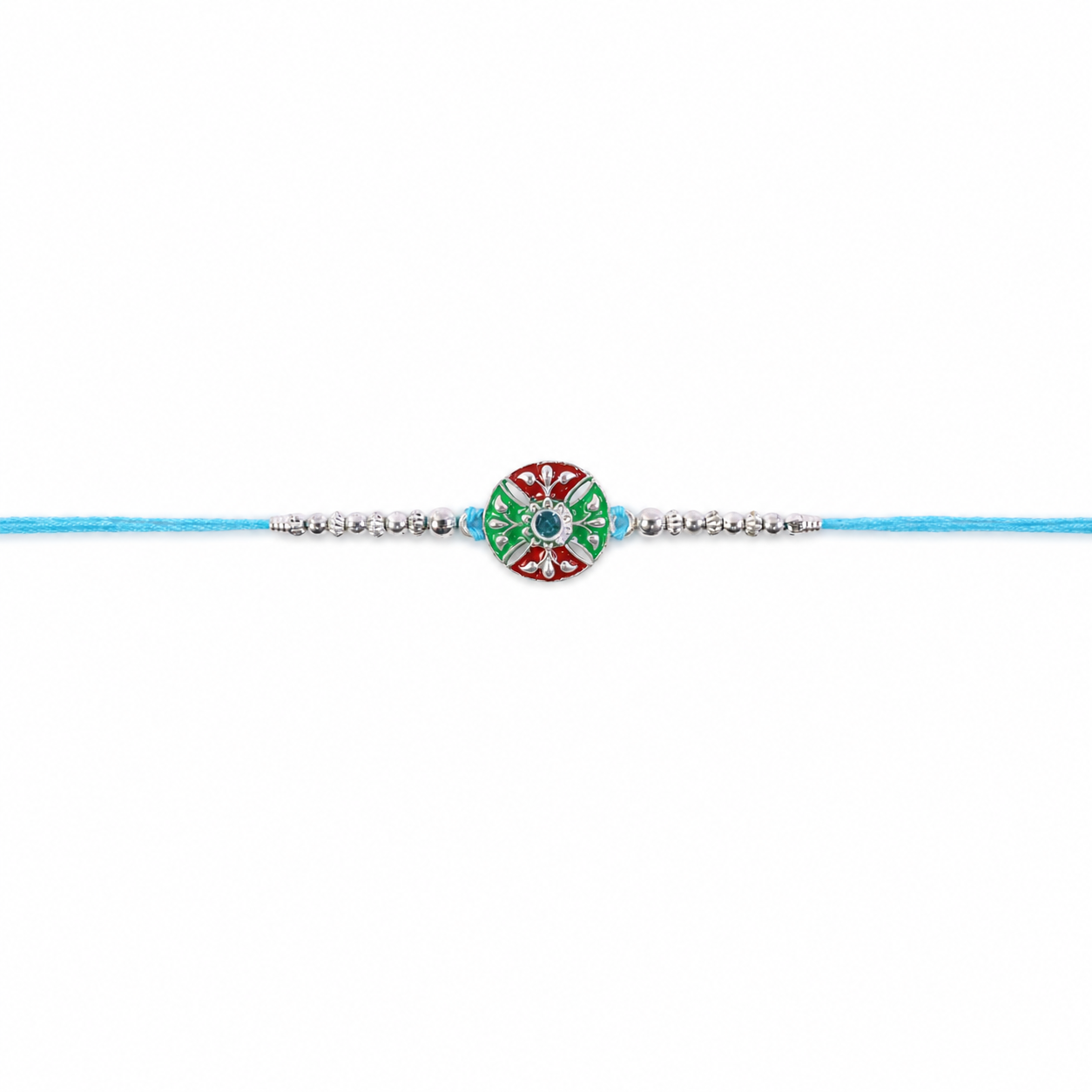Blue Thread Rakhi with Multicolor Center and Fine Silver Chain