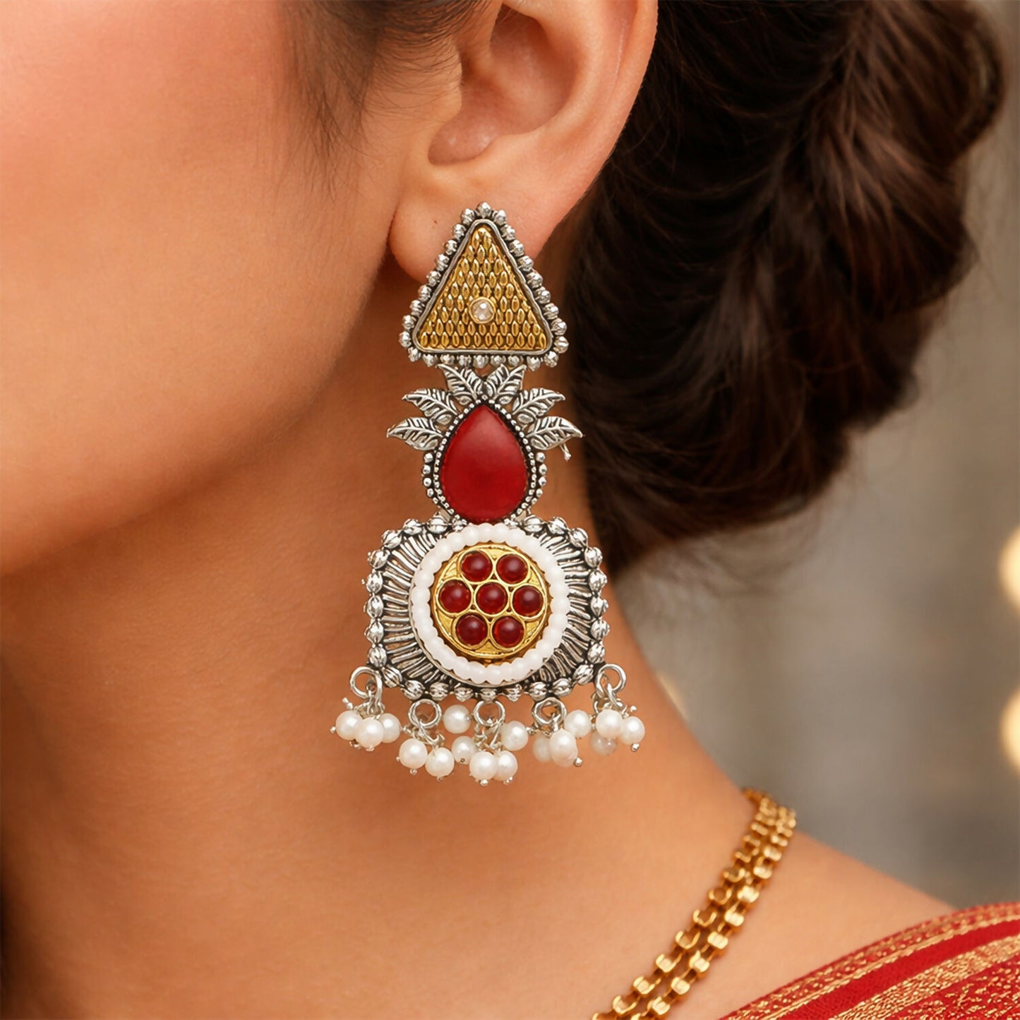 Elegant Oxidized Silver Statement Earrings with Dual Tone Accents & Pearl Drops