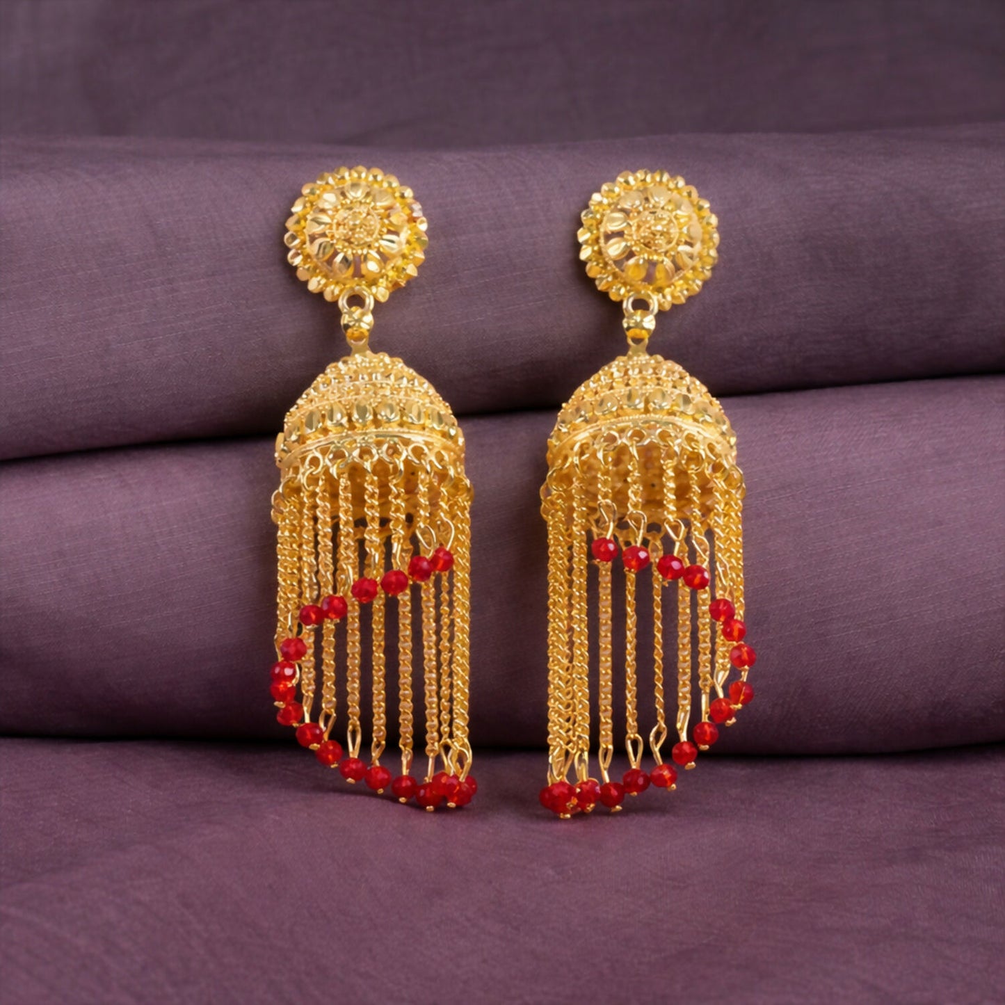 Traditional Gold Tone Tassel Jhumka Earrings Long Chain Drop Ethnic Earrings for Women