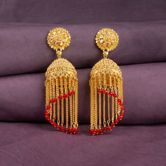 Traditional gold tone tassel jhumka earrings with floral stud
