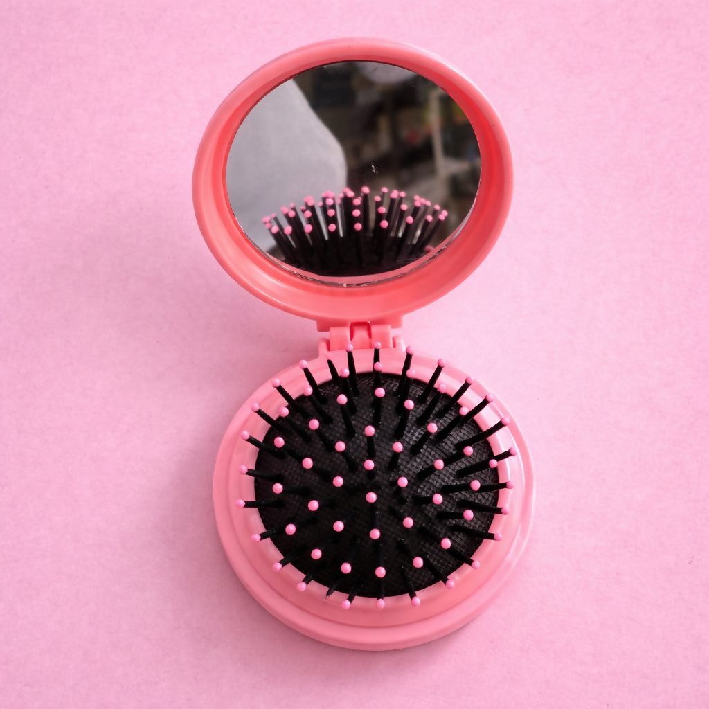 Foldable Hair Brush with Mirror Compact Travel Hair Comb for Women & Girls(COLOR MAY VARY)