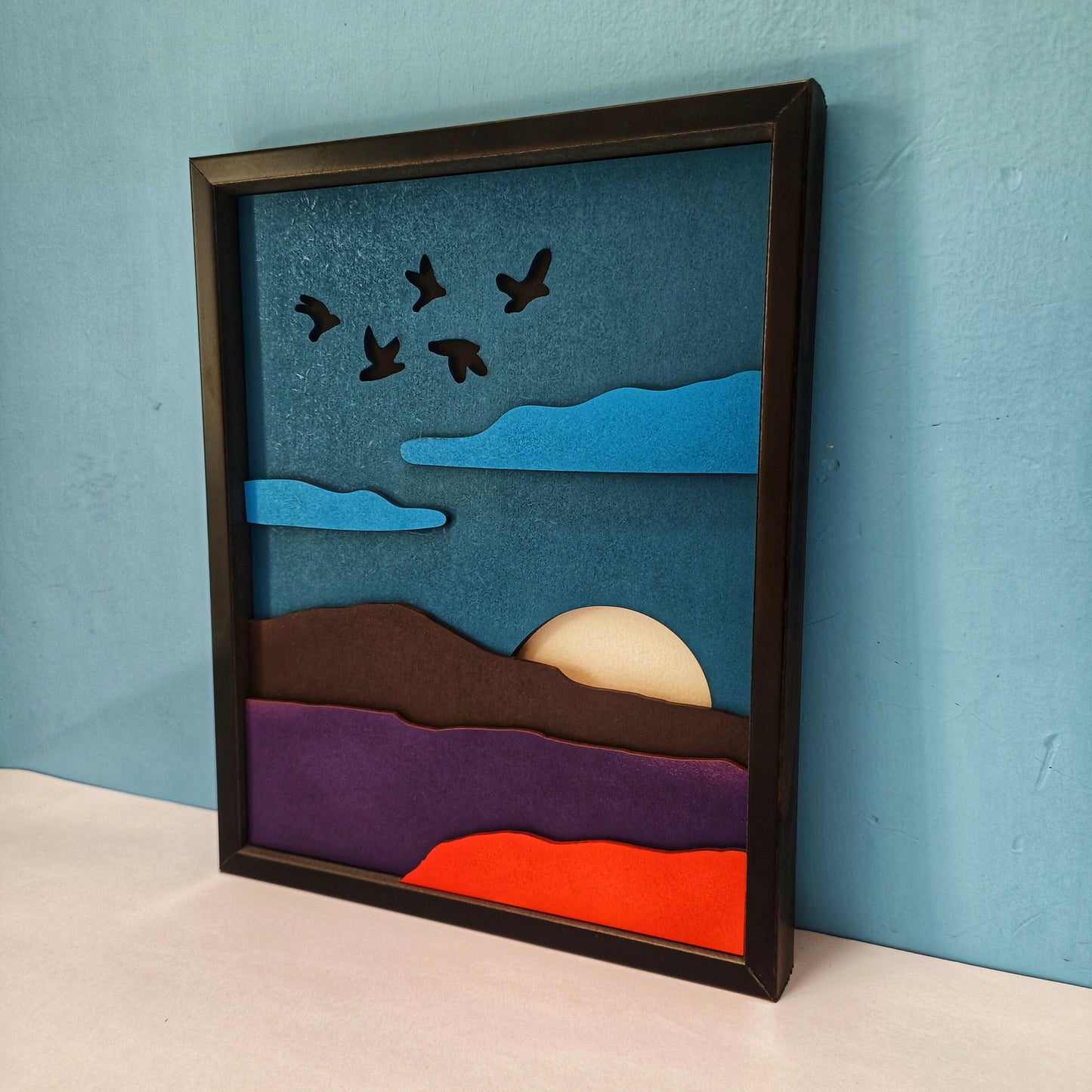 Handcrafted Wooden Mountain Wall Art – Nature Scene with Sun, Clouds & Birds | Minimal Landscape Wooden Frame | Eco-Friendly Wall Decor for Home & Office