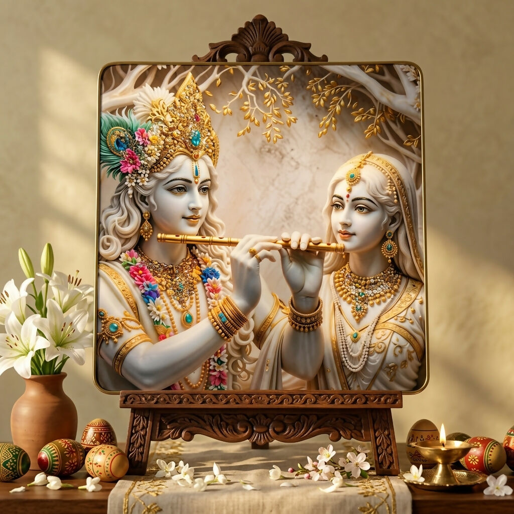 Radha Krishna wall frame displayed in living room decor
