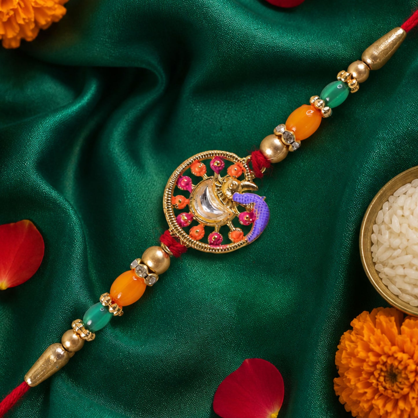 Traditional Rakhi with Round Sacred Medallion, gold trims and chain look for Gift Use