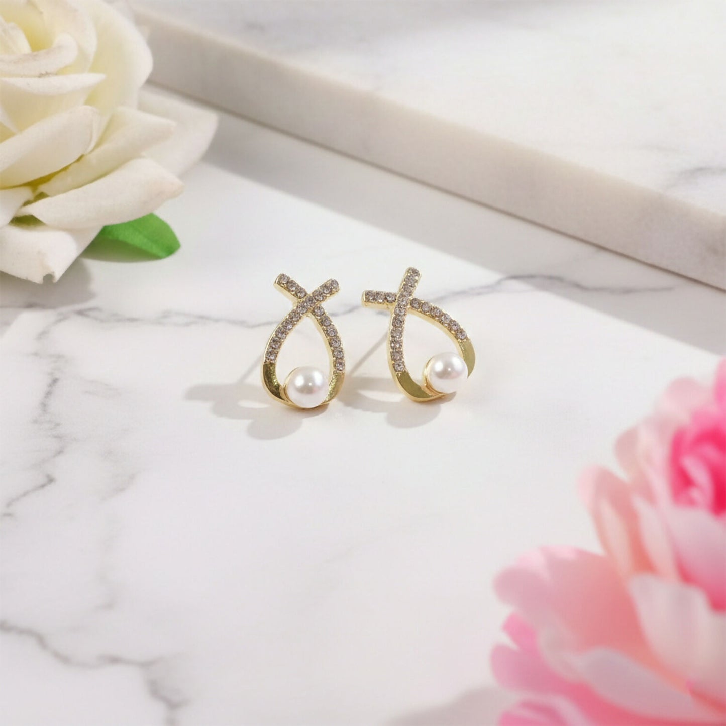 Korean Style Crystal Pearl Drop Stud Earrings for Women & Girls