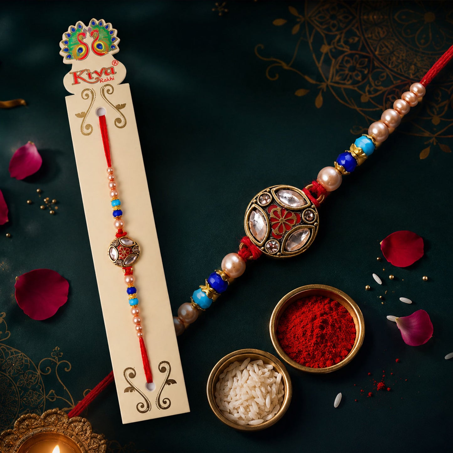 Royal Traditional Kundan Stone & Pearl Beaded Designer Rakhi for Brother