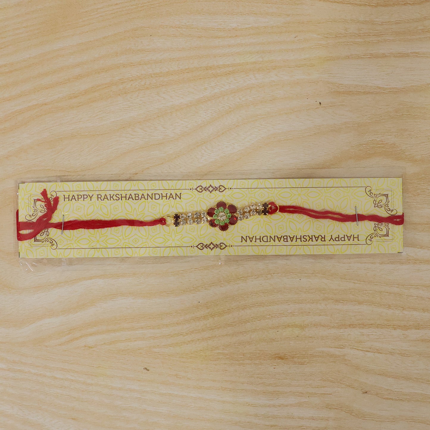Red Floral Kundan Bracelet Rakhi with Crystal Line and Pearl Ends