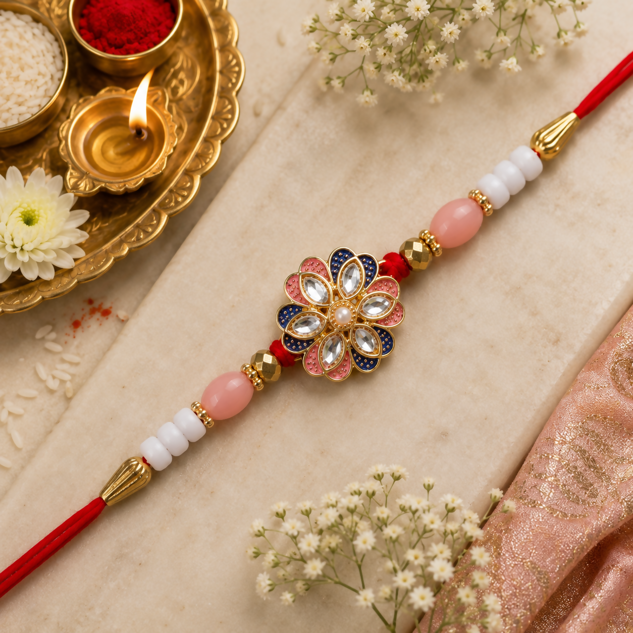A red thread with pink and white beads, gold accents, and a central floral charm with pink, blue, and clear stones, rests on