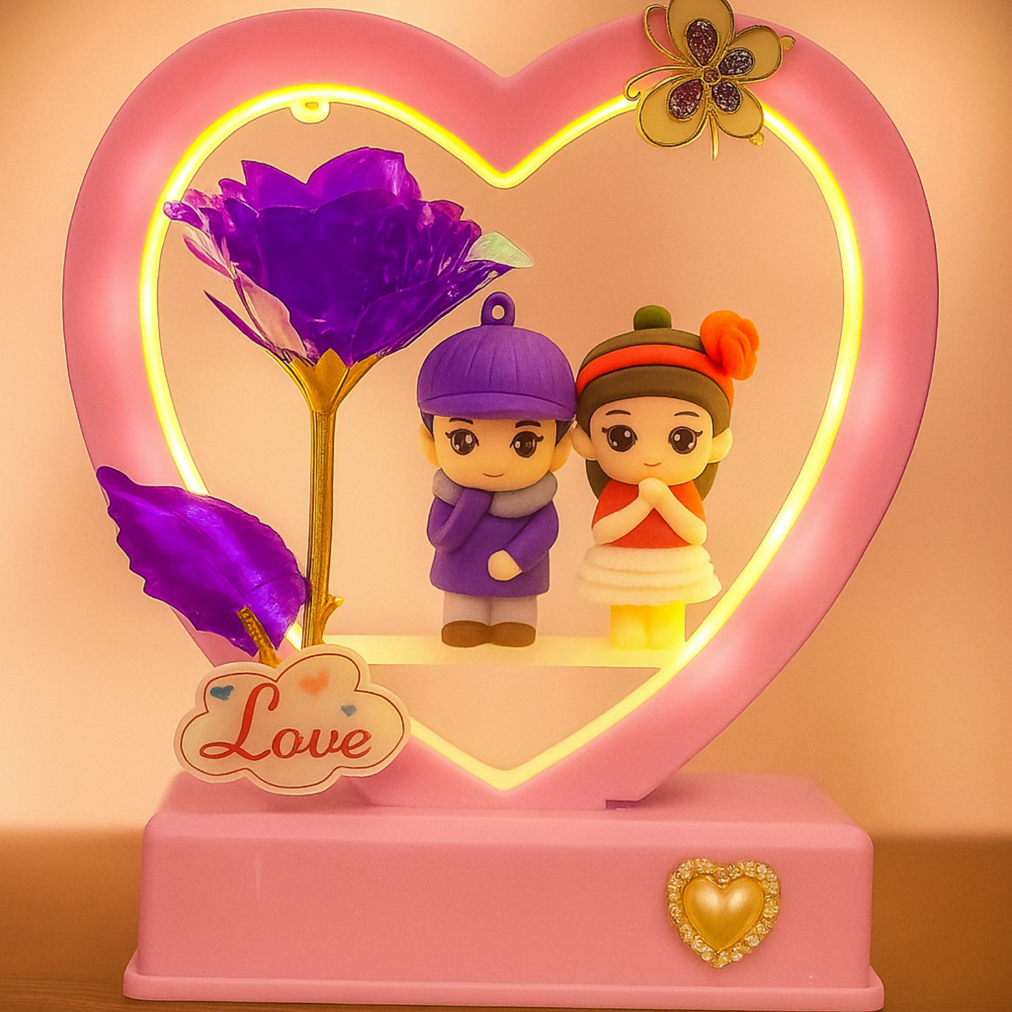 Romantic Heart LED Couple Showpiece with Pink Frame & Pink Rose | Cute Love Figurine Light for Bedroom, Anniversary, Valentine, Wedding & Home Decor Gift