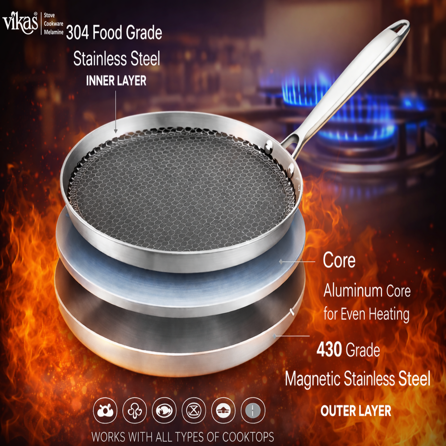Vikas Honeycomb Dosa Tawa tri-ply construction close-up