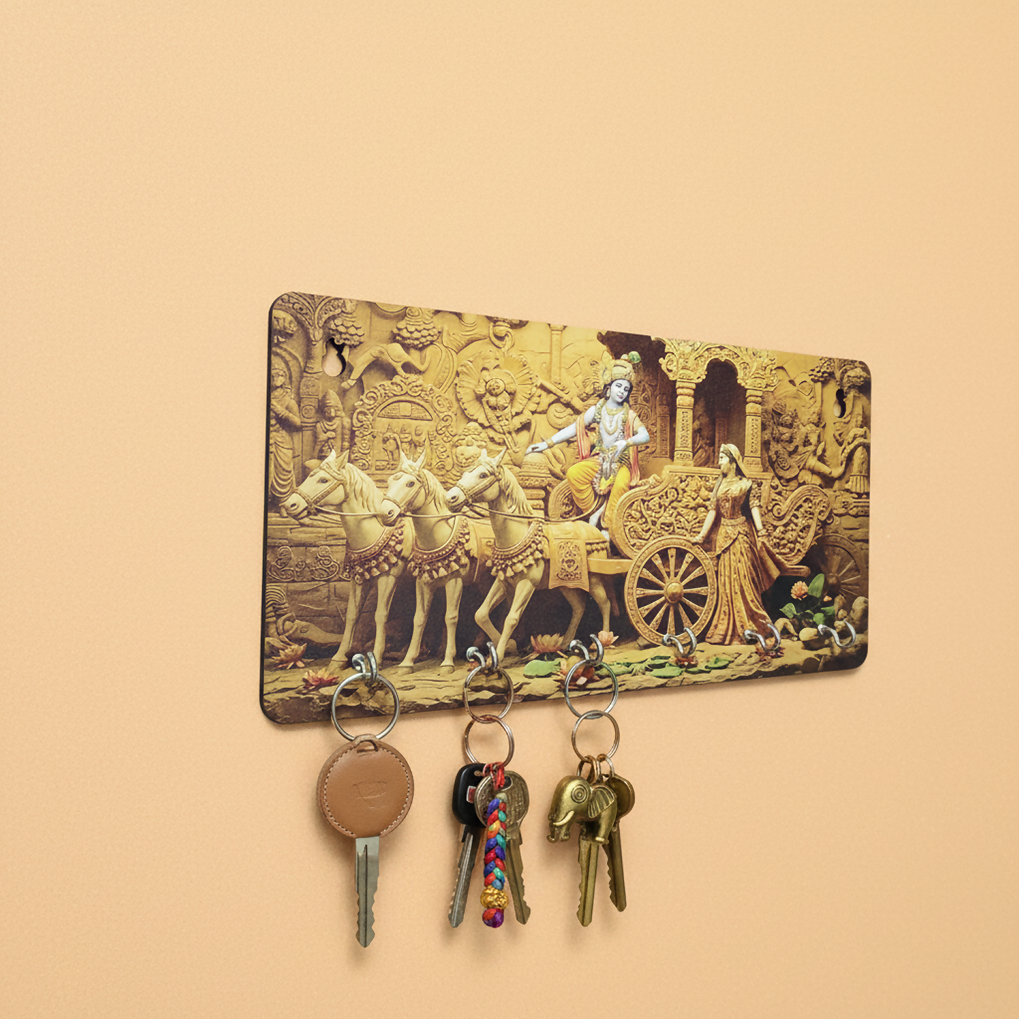 Decorative datail of Radha Krishna artwork on the MDF wood key holder