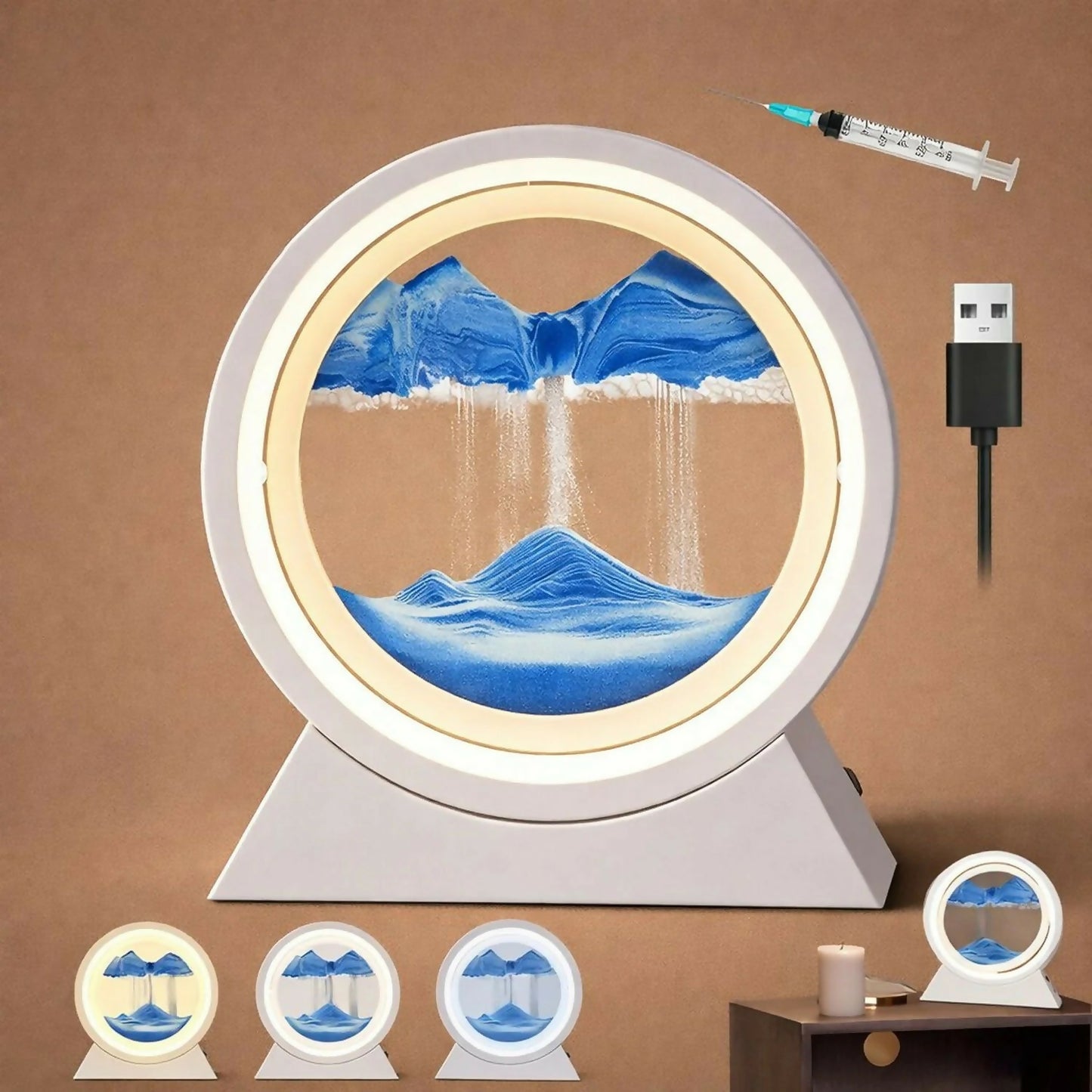 Modern round frame sand art lamp on desk