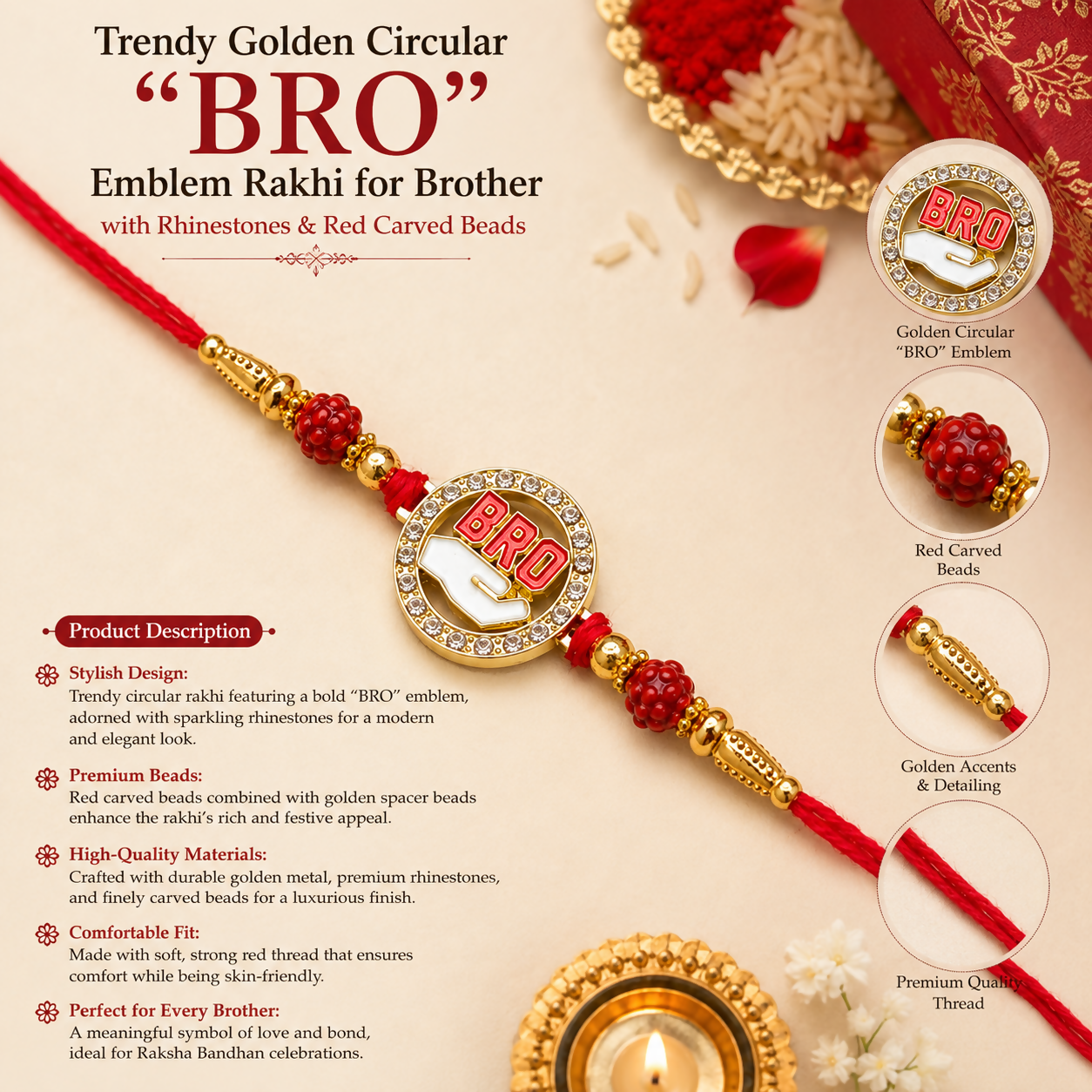 A red thread bracelet with a golden circular "BRO" charm, surrounded by rhinestones and red carved beads, with product