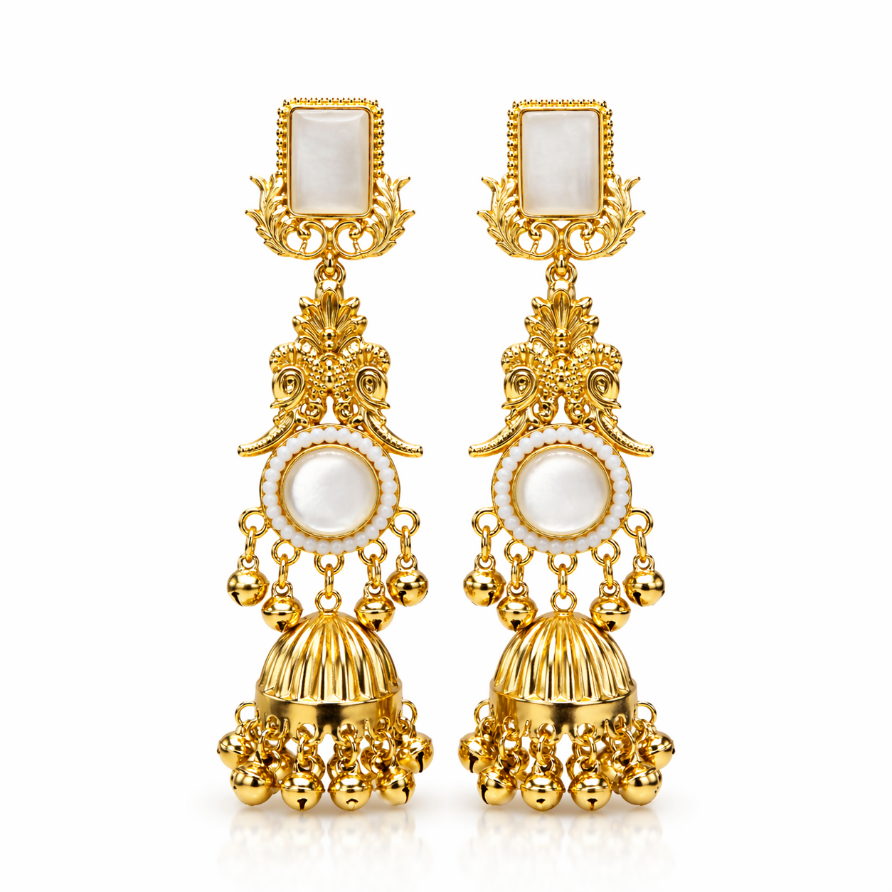 Gold tone pearl and stone jhumka earrings detail shot