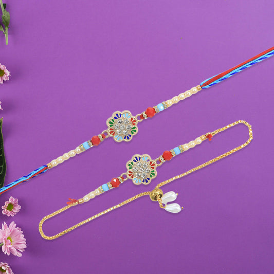 Elegant Bhai Bhabhi Rakhi with floral multicolor dial and pearl beads
