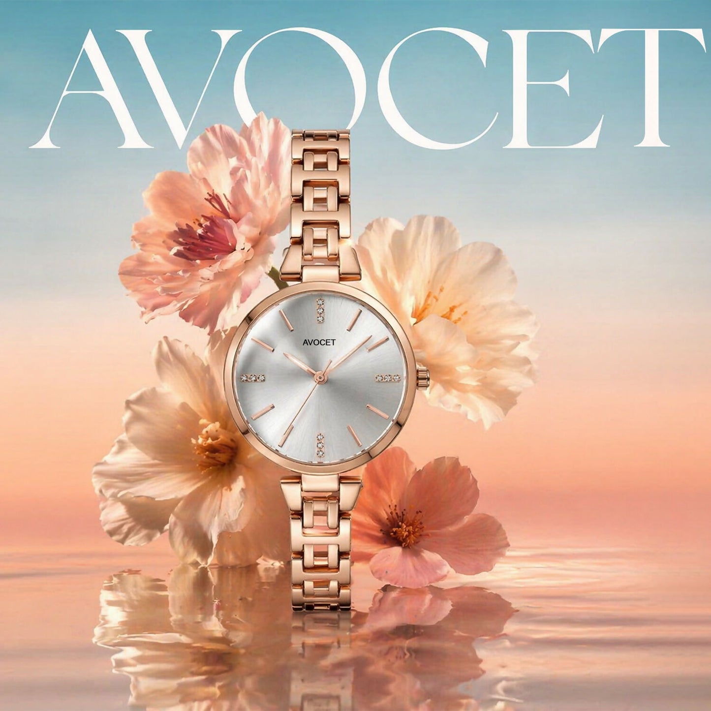 Elegant rose gold women's analog watch with crystal dial
