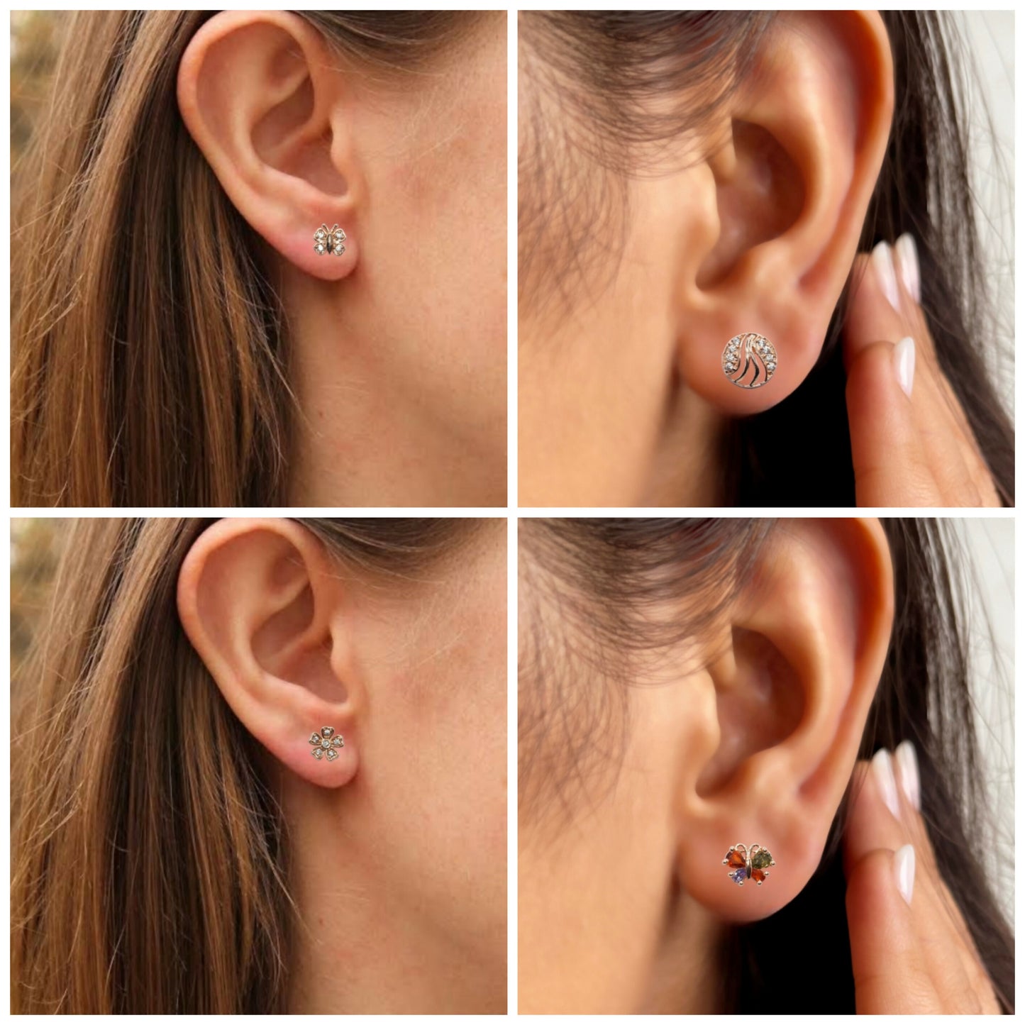 Sparkling Rose Gold Stud Earrings Set - Butterfly & Flower Designs for women and girls Combo Pack of 4