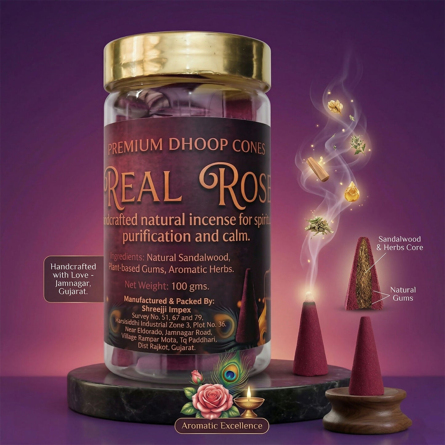 Shreeji Real Rose Dhoop Cones arranged on surface