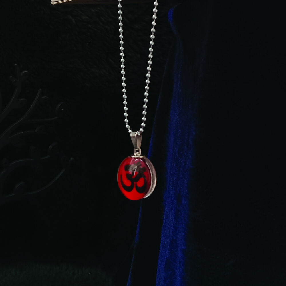 Glass Framed Orange Enamel Om Locket Chain Pendant