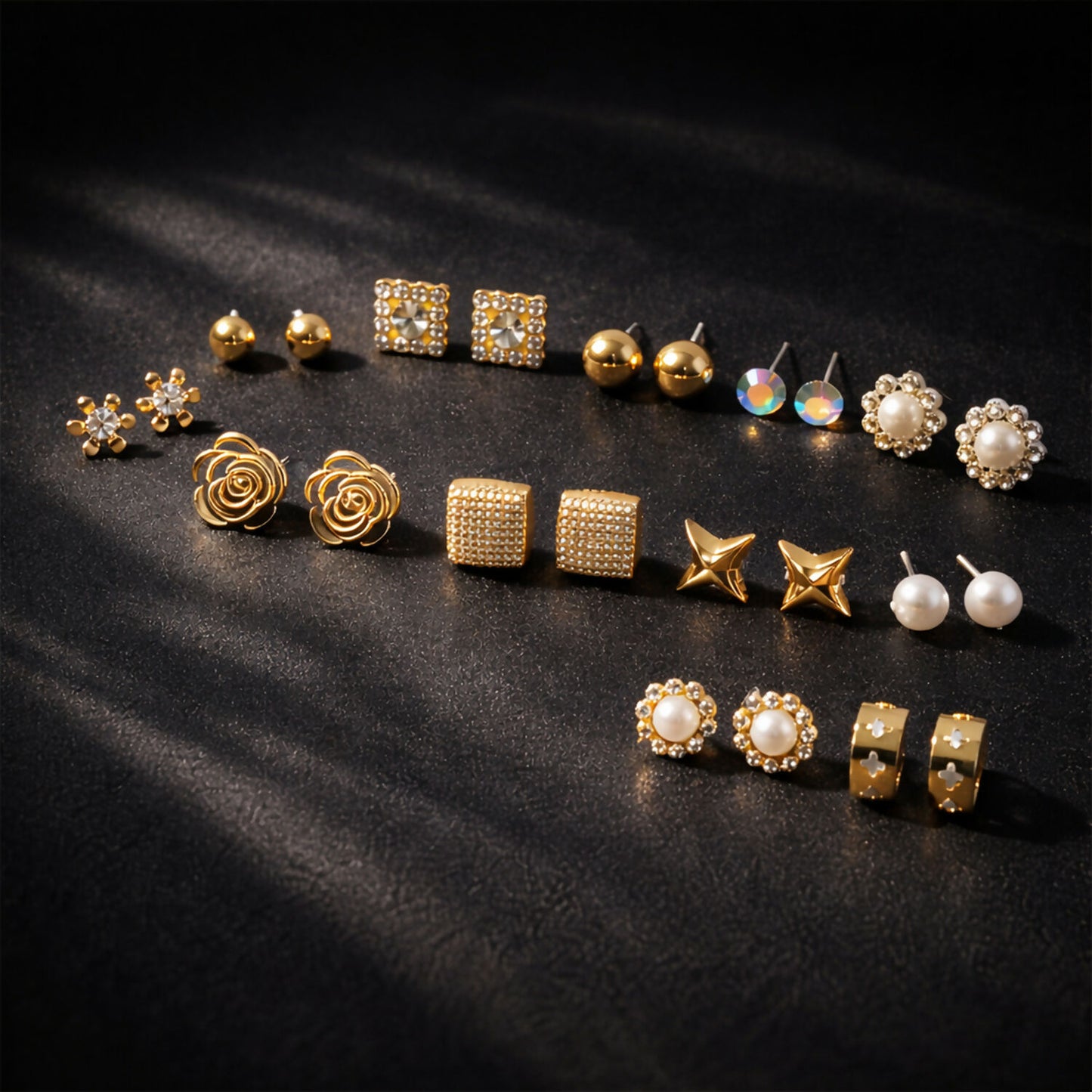 Gold Plated Multi Design Stud Earrings Set for Women & Girls – Fashion Combo Earrings Pack (12 Pairs)