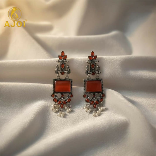 Elegant Red Stone Oxidised Silver Earrings with Pearl Danglers | Ethnic Statement Jewelry
