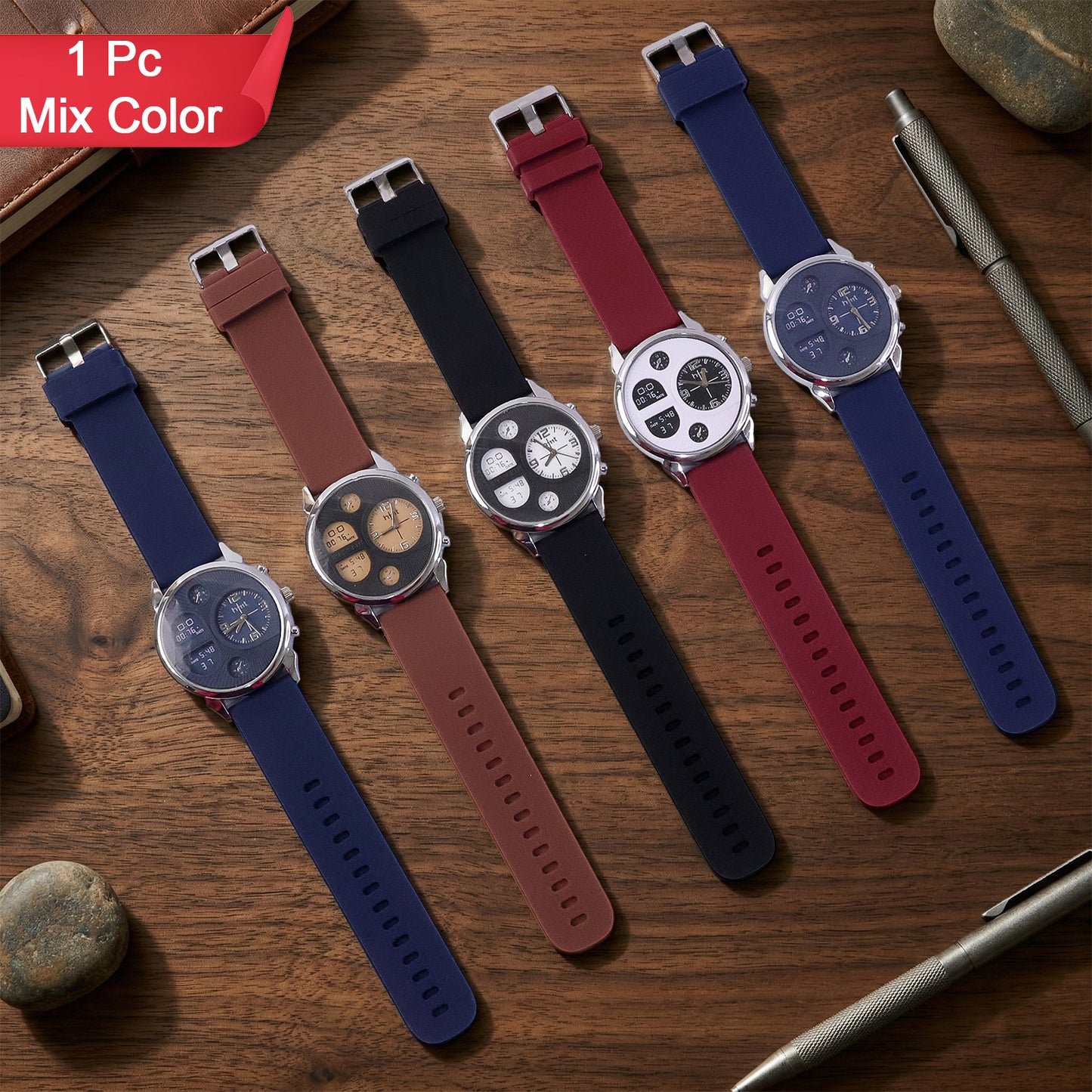 Sporty analog chronograph wristwatch with multicolour silicone strap and warm-tone dial
