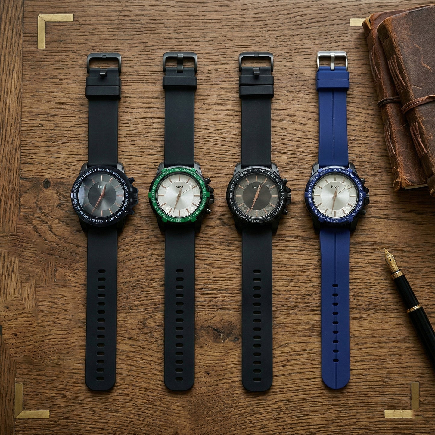 Sporty analog wrist watch with brown silicone strap and tachymeter bezel design
