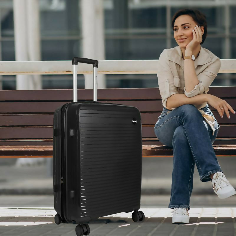 Black 28-Inch hard shell luggage with durable polypropylene exterior front view