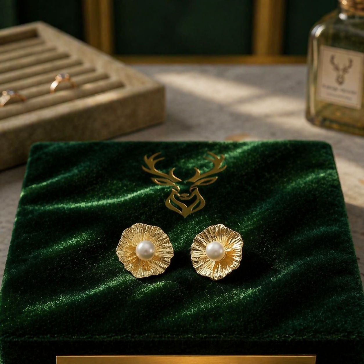 Close-up of gold flower pearl stud earring texture