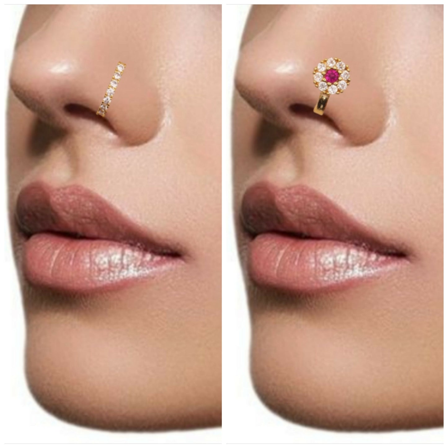 Ruby CZ Gold Plated Non-Piercing Flower Nose Ring/Clip On Nath Combo Pack of 2