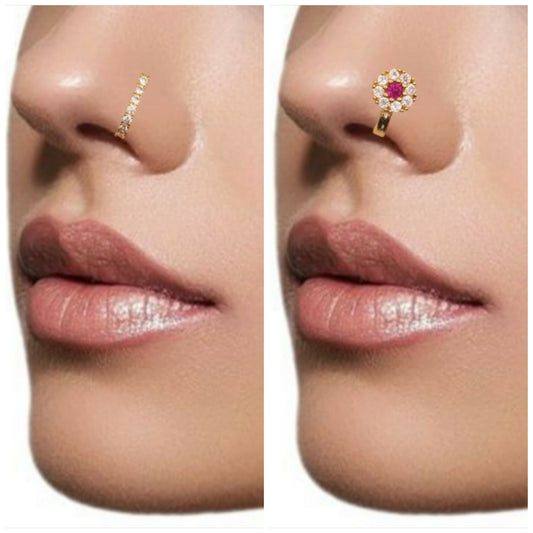 Ruby CZ Gold Plated Non-Piercing Flower Nose Ring/Clip On Nath Combo Pack of 2