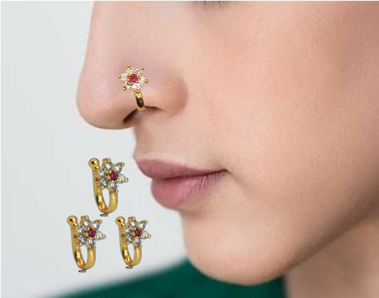 Gold Plated Floral Multicolor Stone Nose Ring for Women Combo Pack of 3