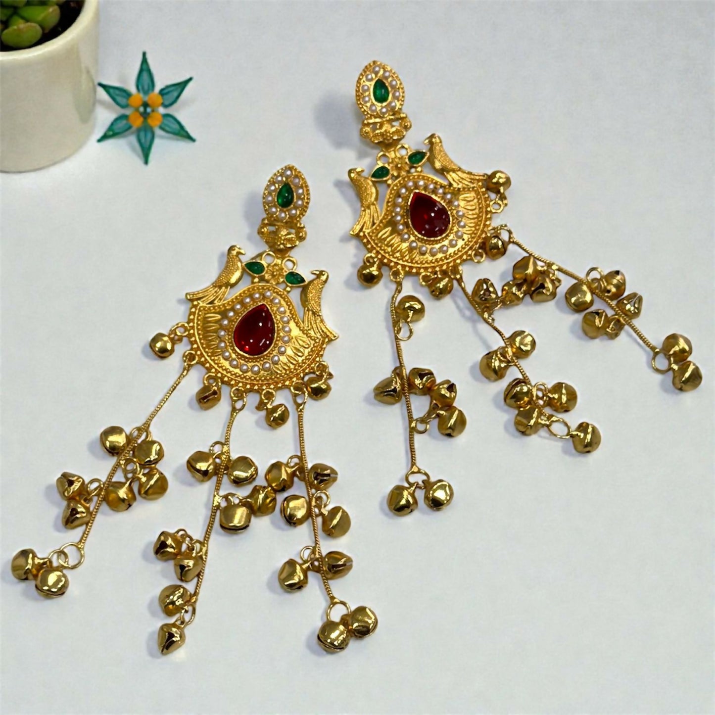 Kashmiri Heritage Gold-Plated Dangler Earring with Red Teardrop Stone, Pearl Detailing & Ghungroo Chains.