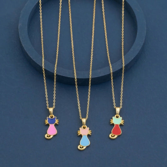 Gold cat pendant necklace with colorful enamel charm on white background